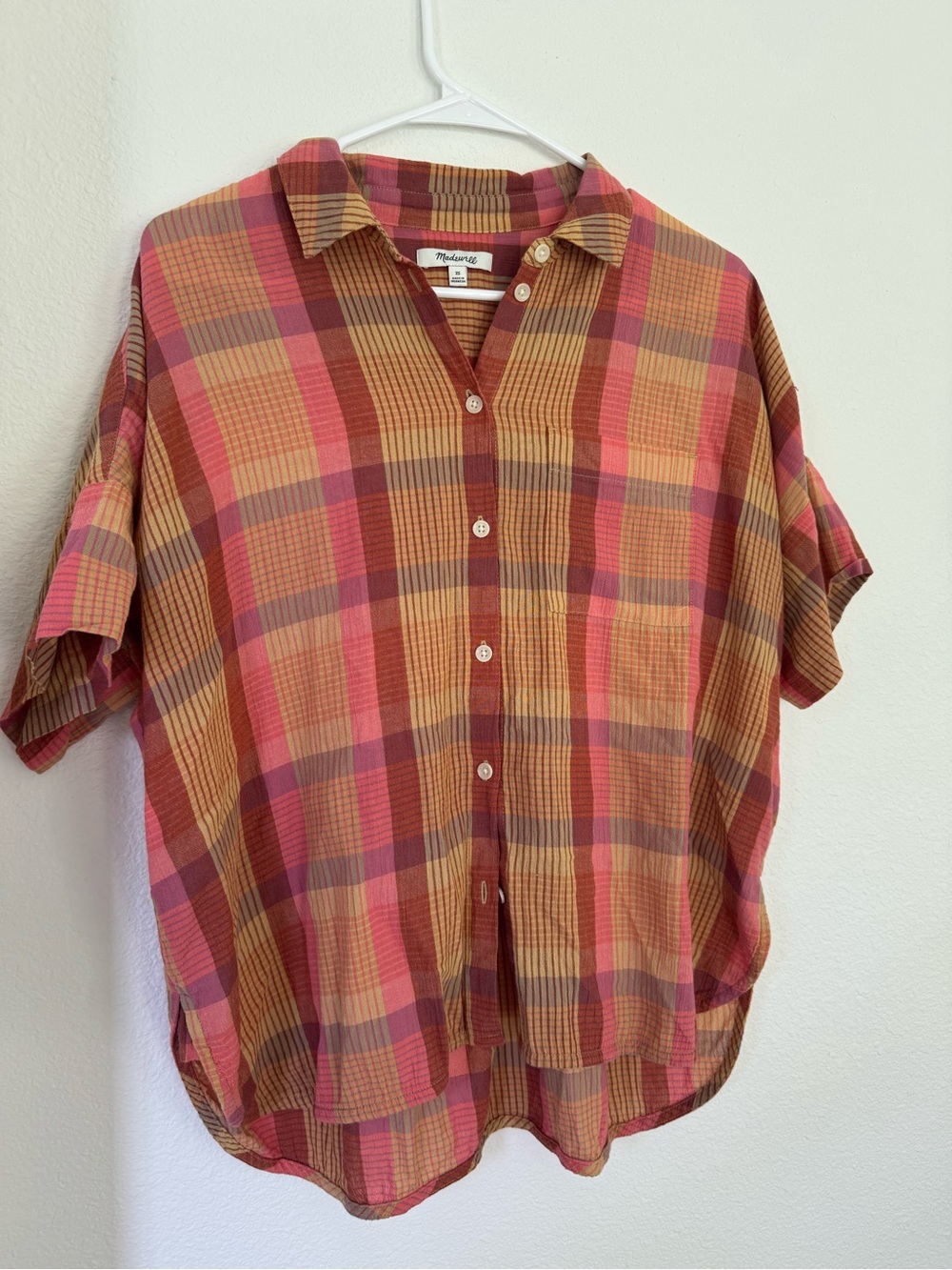 Madewell Short-Sleeve Plaid Button-Down — Rust, Pink & Gold